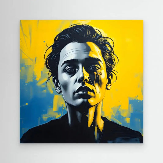 Dramatic portrait painting with stark yellow and blue lighting effects.