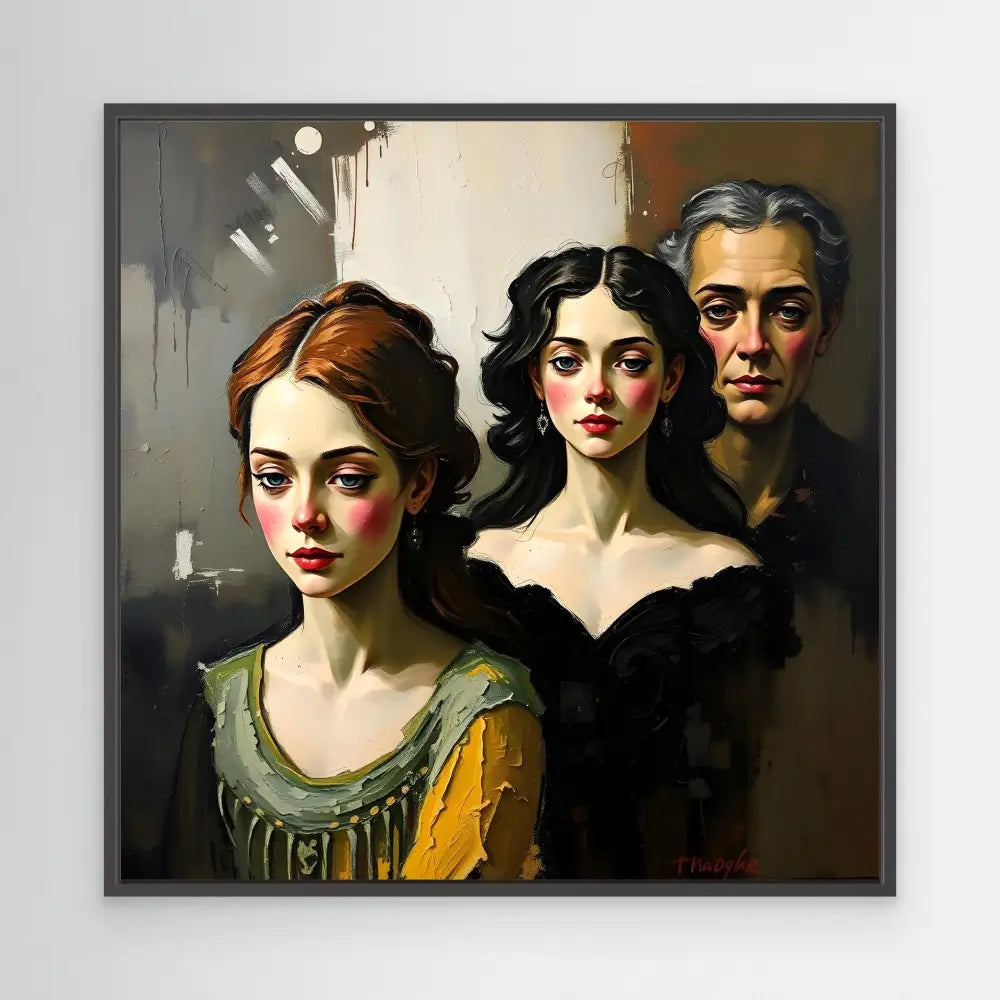 A dramatic portrait painting of three figures in a dark, moody style.