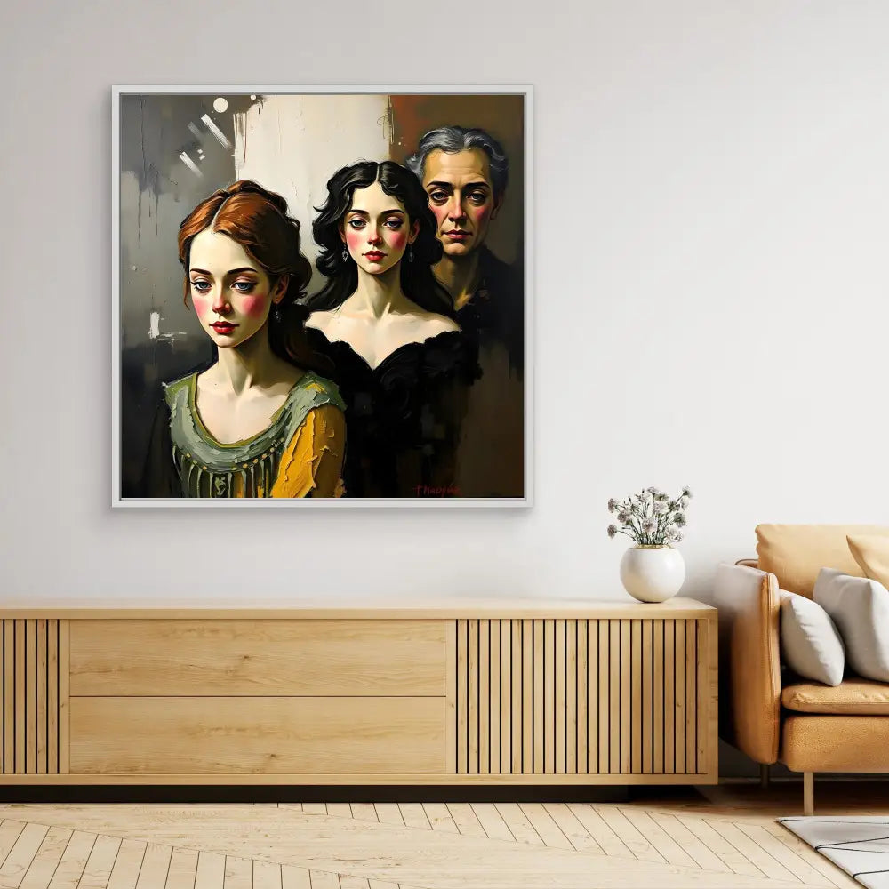 A dramatic portrait painting of three figures in a classical style mounted on a wall.