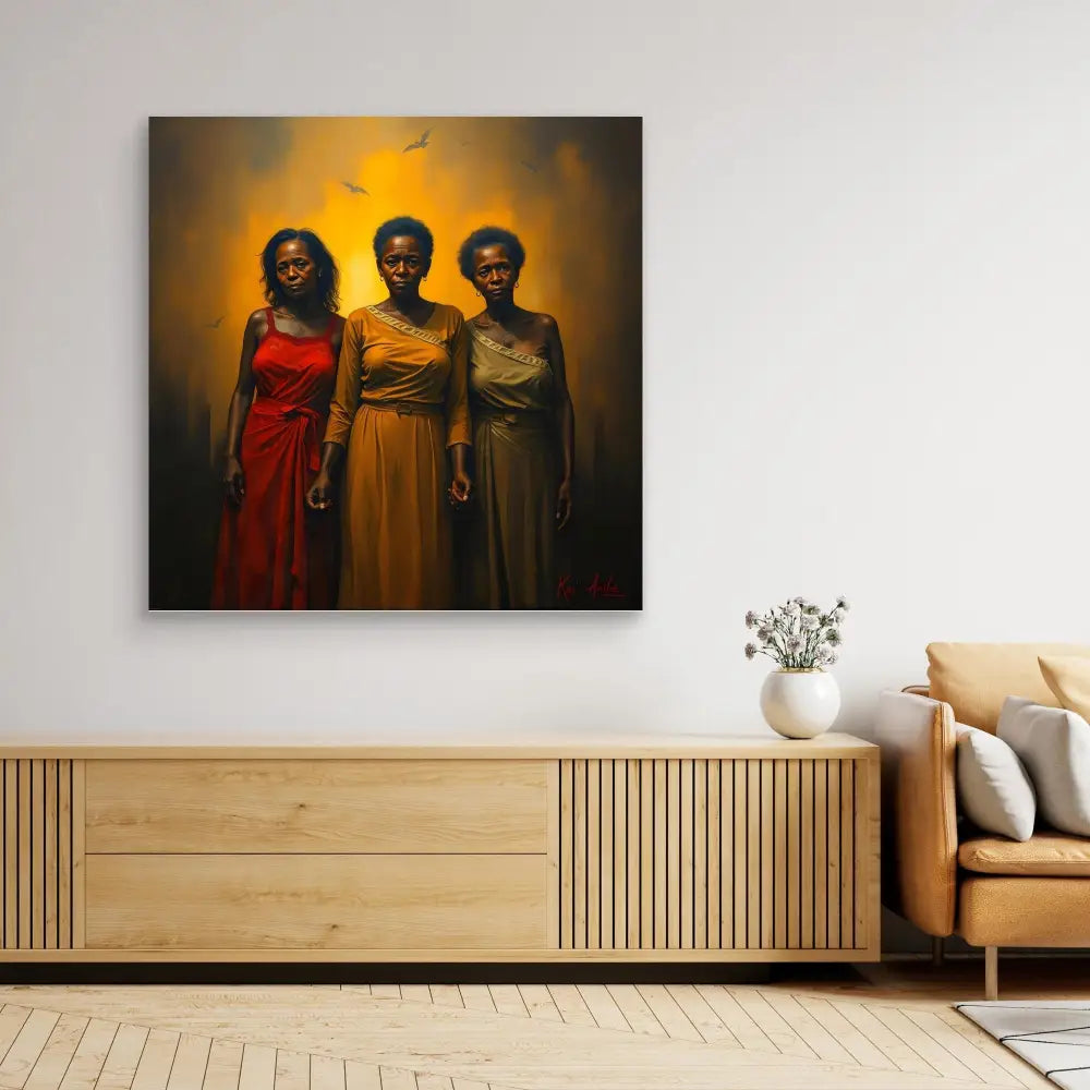 A dramatic portrait painting of three figures wearing red, yellow and gray dresses against a warm glowing backdrop.