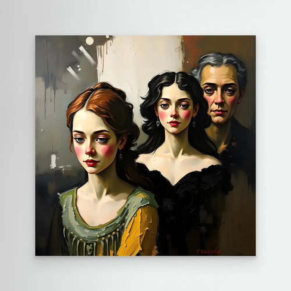 A dramatic portrait painting depicting three figures in a dark, moody style.