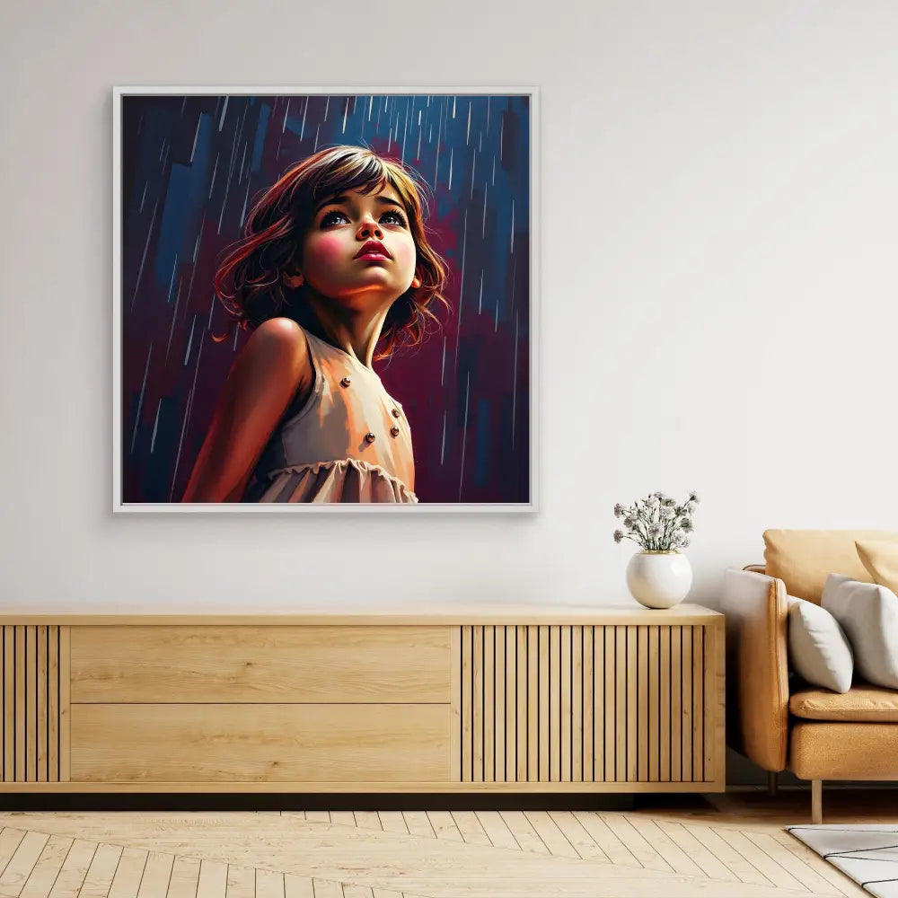 A dramatic portrait painting showing an upward gaze through falling rain.