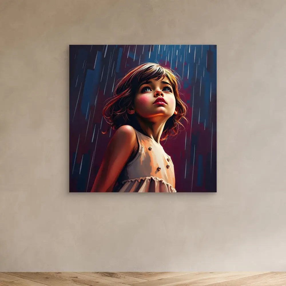 A dramatic portrait painting showing someone gazing upward in the rain.