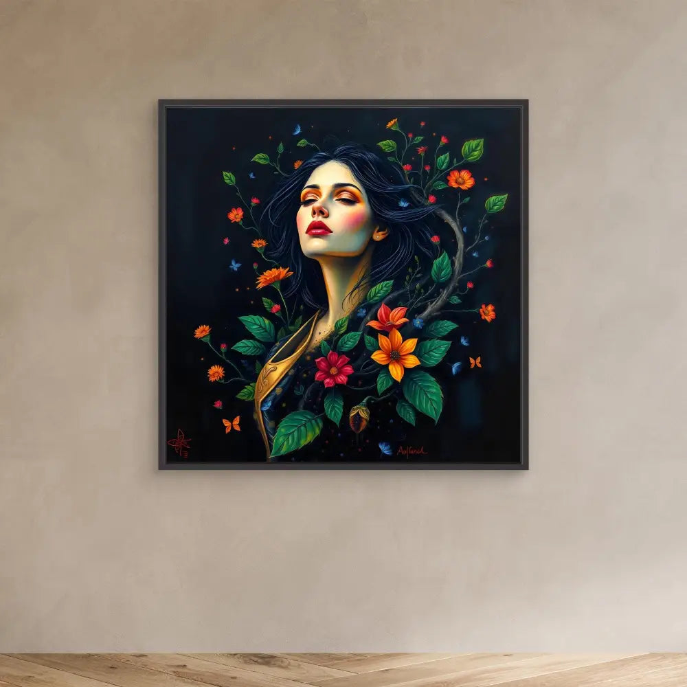 A dramatic portrait painting featuring vibrant flowers, leaves and butterflies surrounding an upward-gazing figure against a dark background.