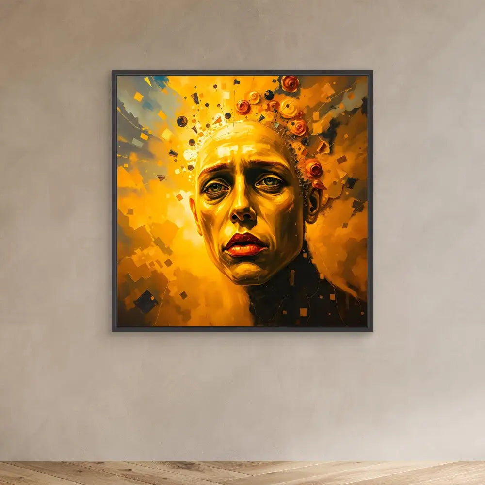 A dramatic portrait painting with vibrant orange and yellow tones featuring an intense gaze and red lips against an explosive background effect.