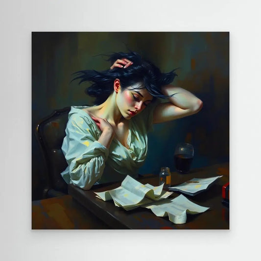 A dramatic portrait painting of someone in a white blouse reading papers at a desk.