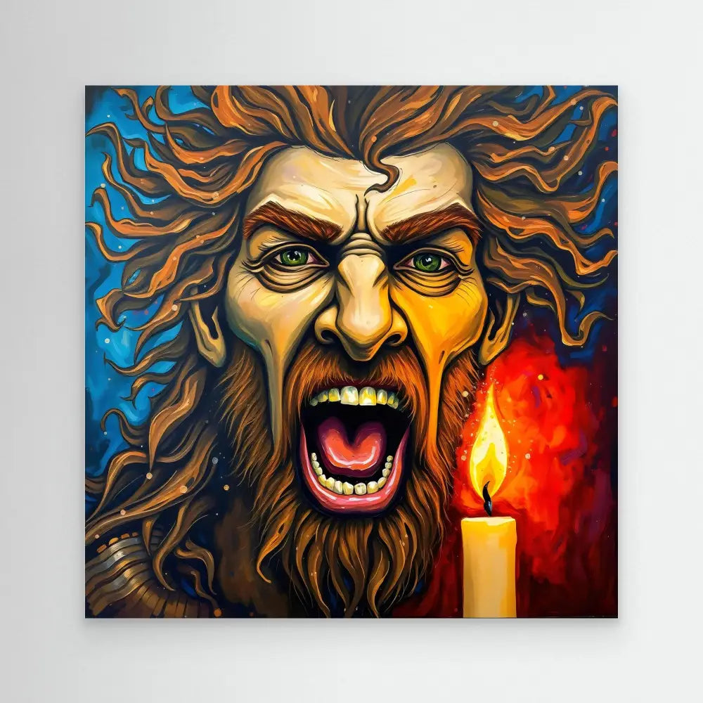 A dramatic portrait painting of a wild-eyed bearded figure screaming beside a lit candle.