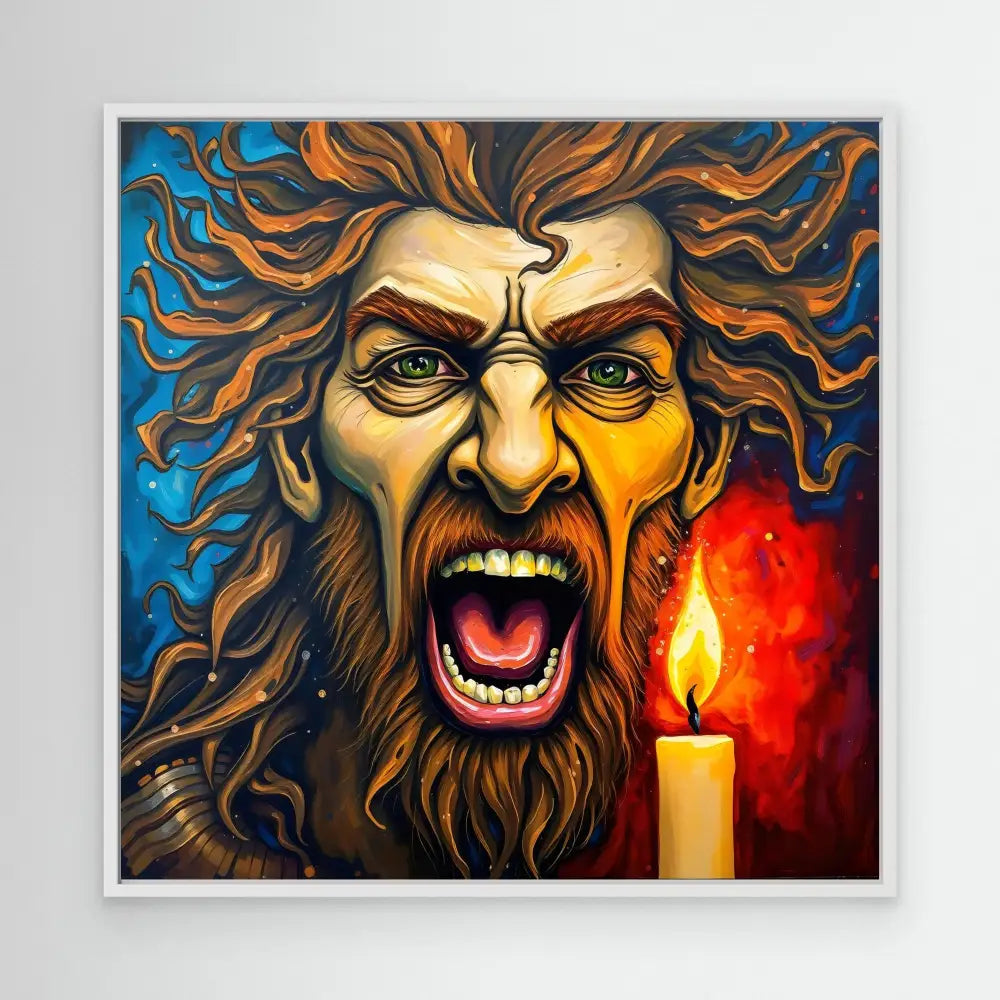 A dramatic portrait painting of a wild-eyed bearded figure with flowing hair screaming beside a lit candle.