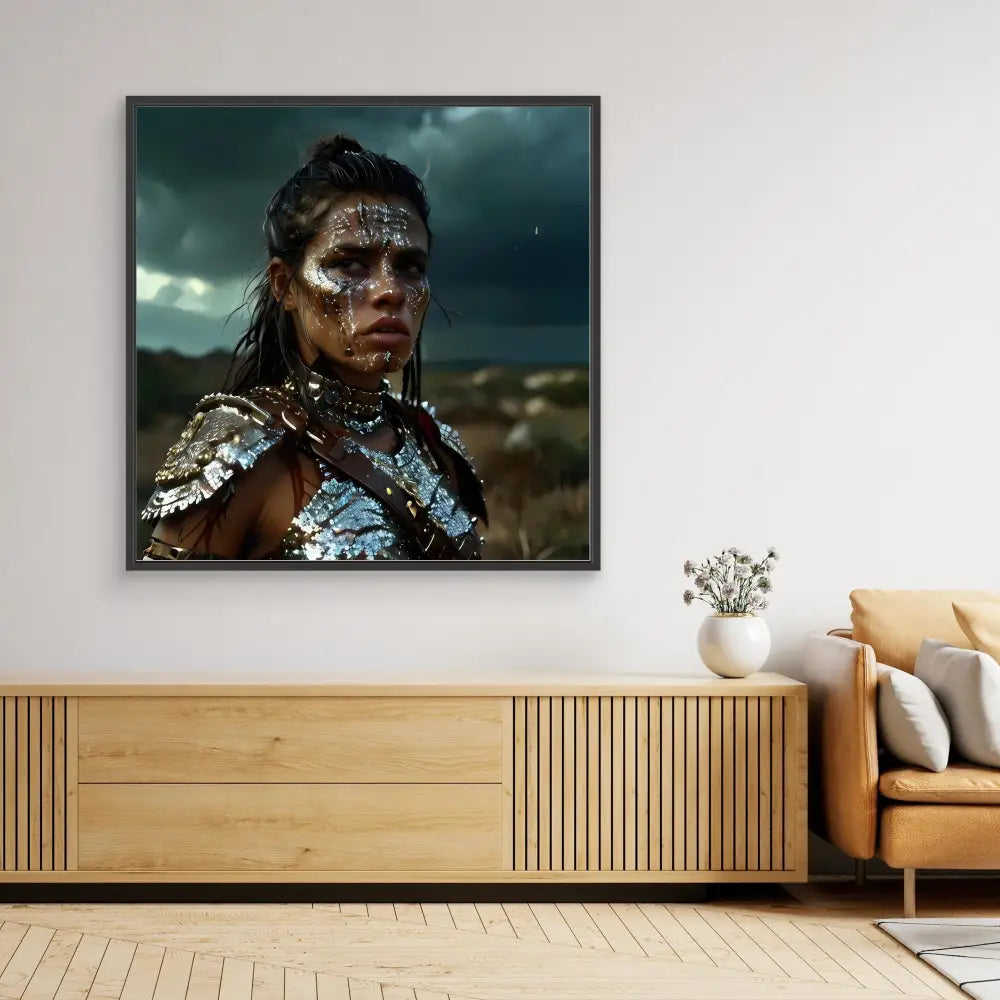 A dramatic portrait photograph with metallic face paint and armor displayed in a dark frame.