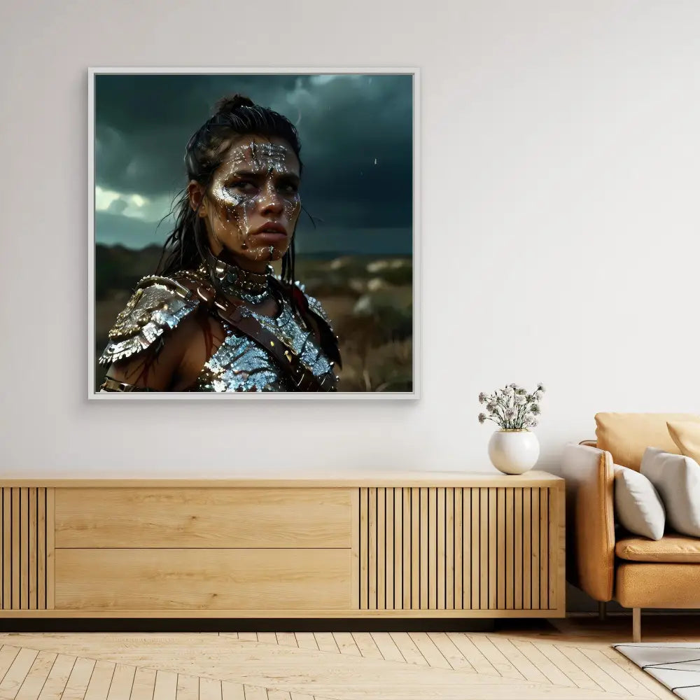 A dramatic portrait photograph with metallic face paint and armor mounted on a wall.