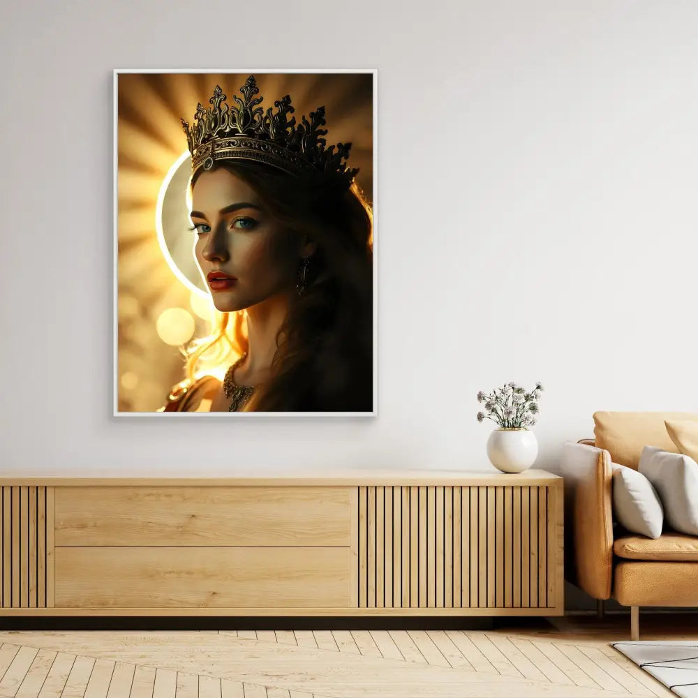 A dramatic portrait of a regal figure wearing a golden crown against glowing light.