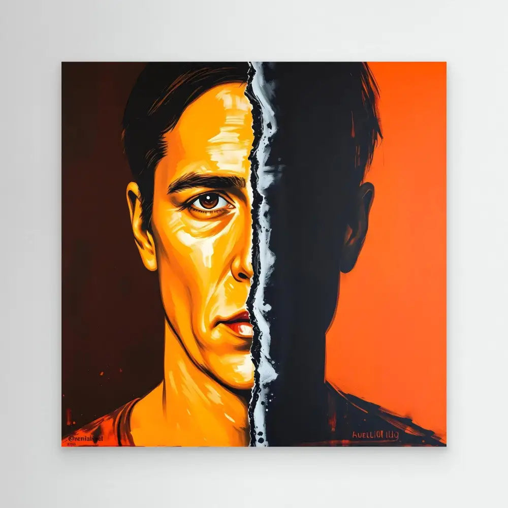 A dramatic portrait split between vibrant orange lighting and deep shadow, divided by a stark vertical line.