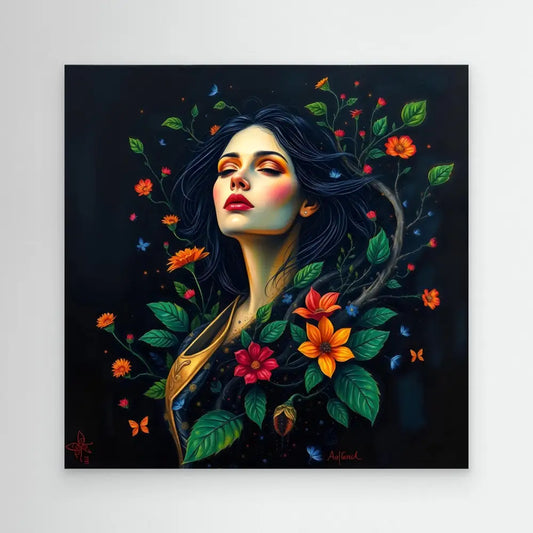 A dramatic portrait surrounded by vibrant flowers, butterflies and green leaves against a dark backdrop.