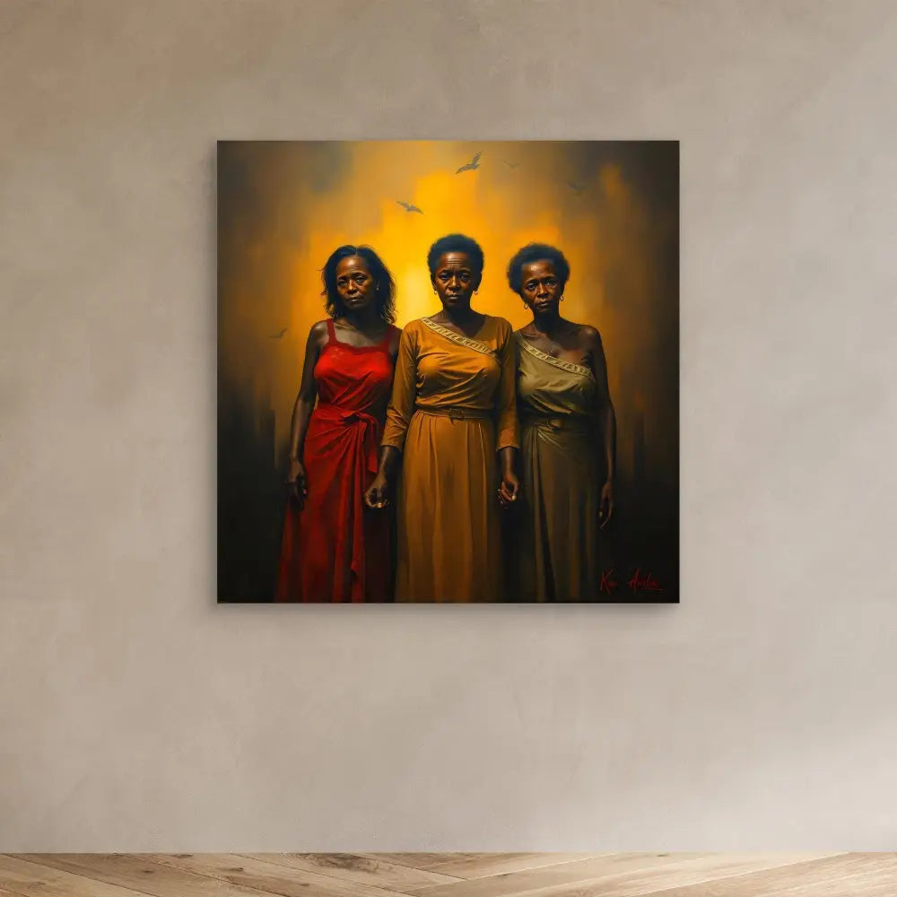 A dramatic portrait of three people wearing elegant floor-length dresses in red, yellow and grey against a warm glowing backdrop.