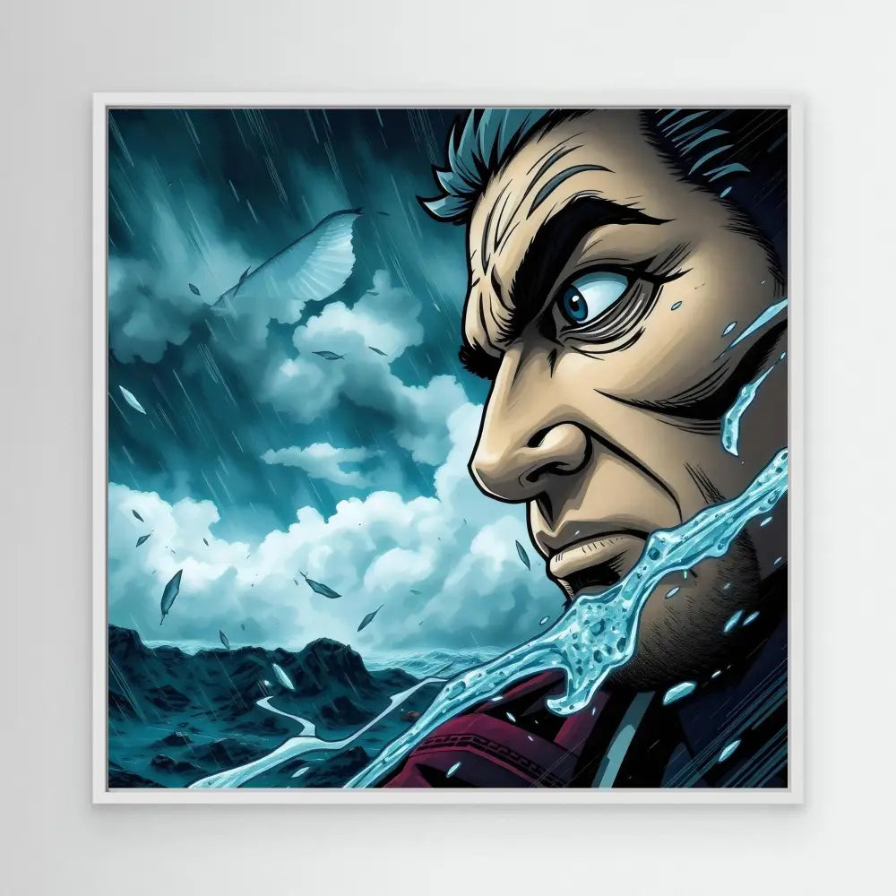 Dramatic side profile of an animated character with piercing blue eyes against stormy elements.