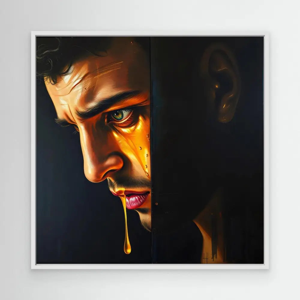 A dramatic side profile portrait with golden liquid dripping from the mouth against dark shadows.