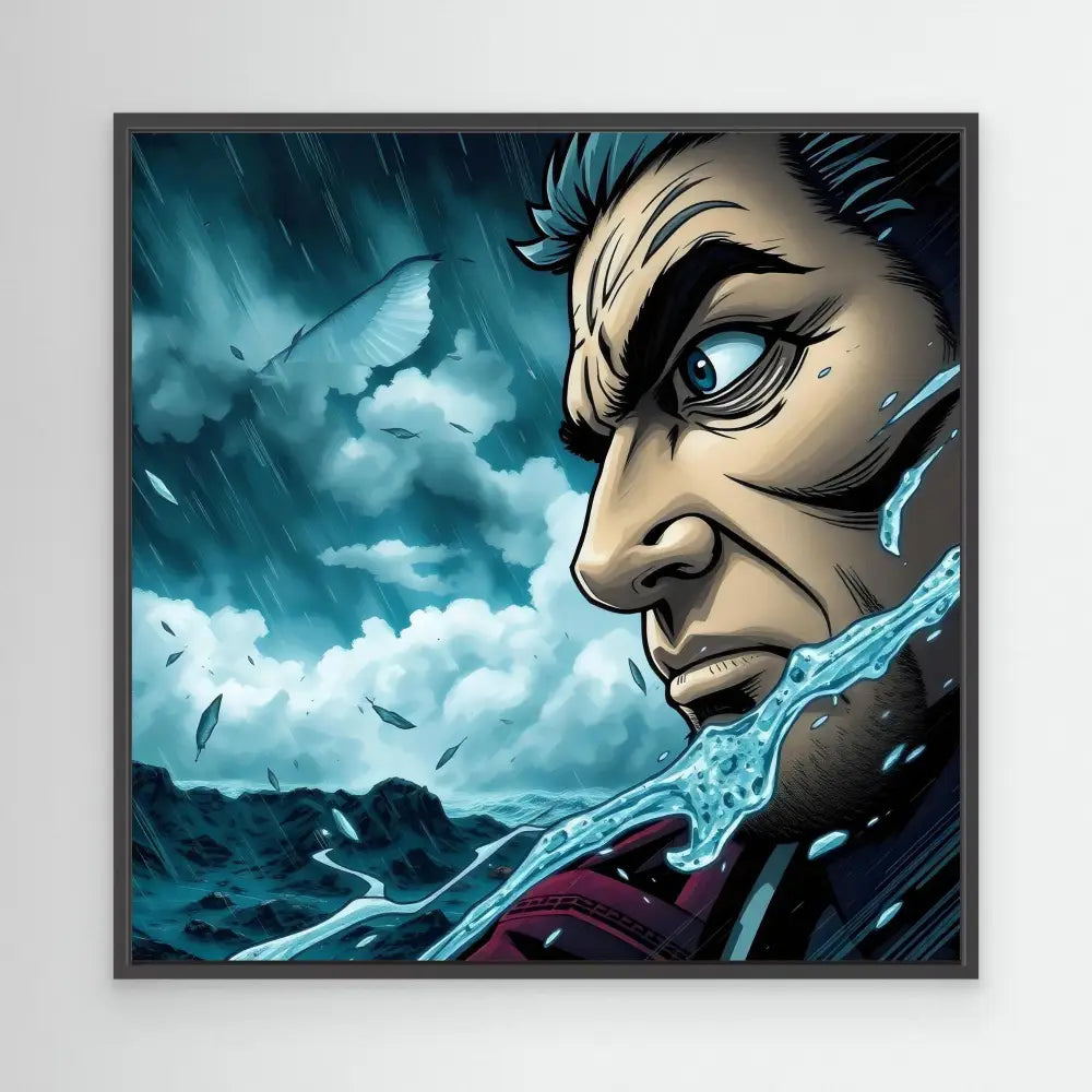 A dramatic profile view of an animated character with intense blue eyes against stormy elements.