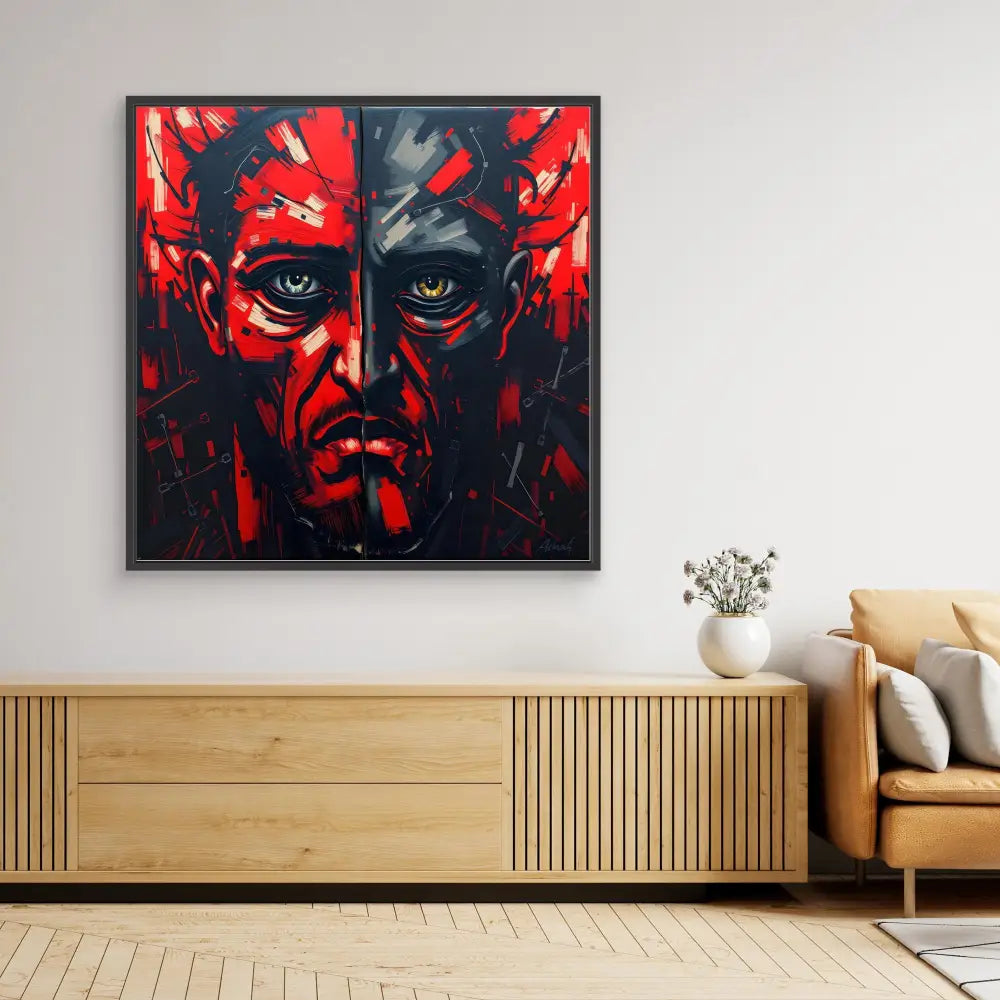 A dramatic red and black abstract portrait painting with intense eyes mounted in a dark frame.