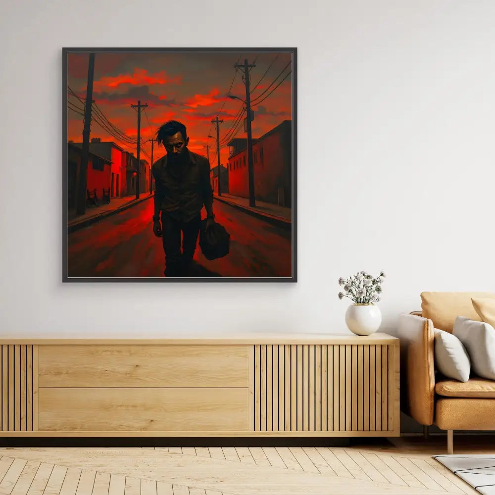 A dramatic red and black painting showing a silhouetted figure carrying a bag on an urban street at sunset.