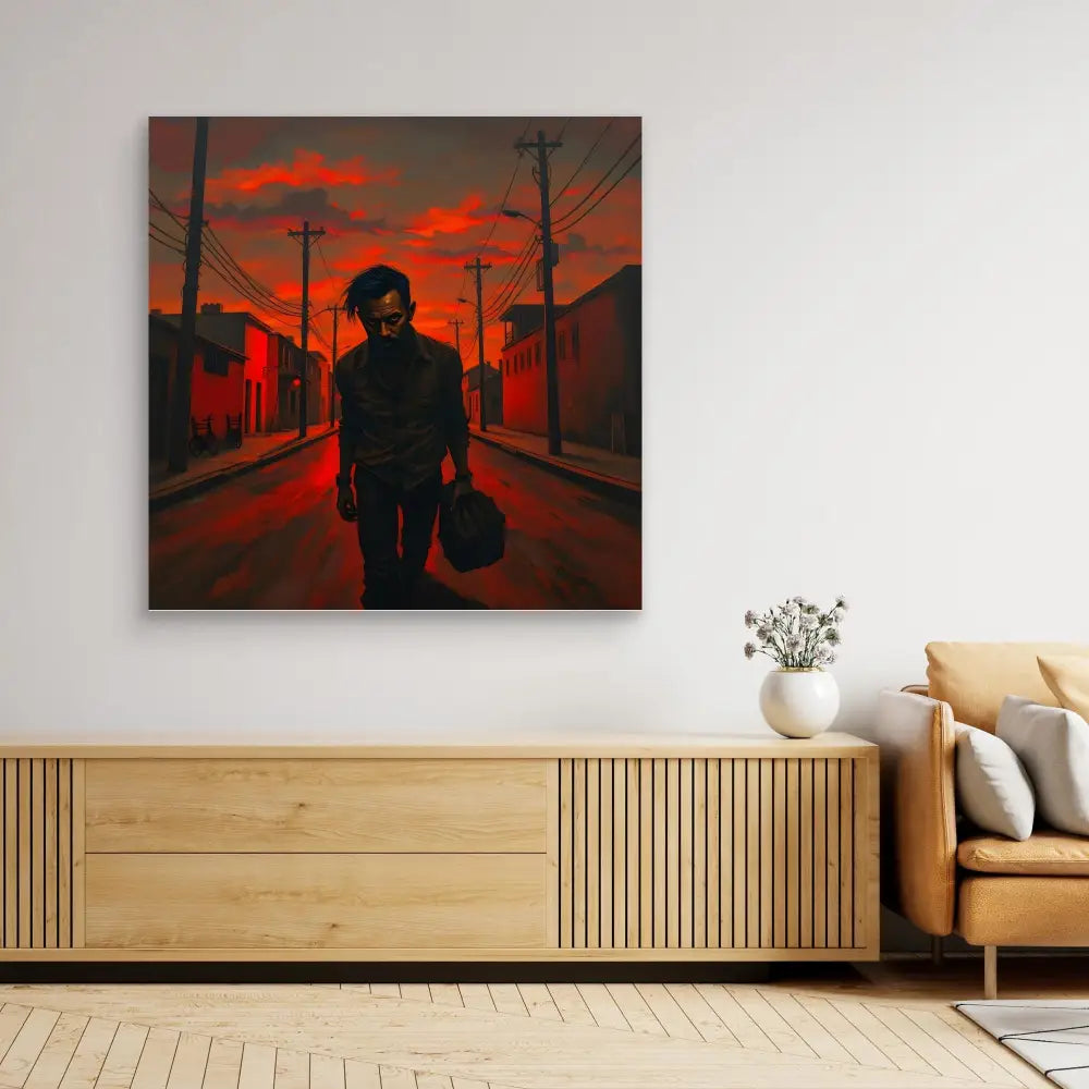 A dramatic red and black painting showing a silhouetted figure carrying a bag on an urban street.