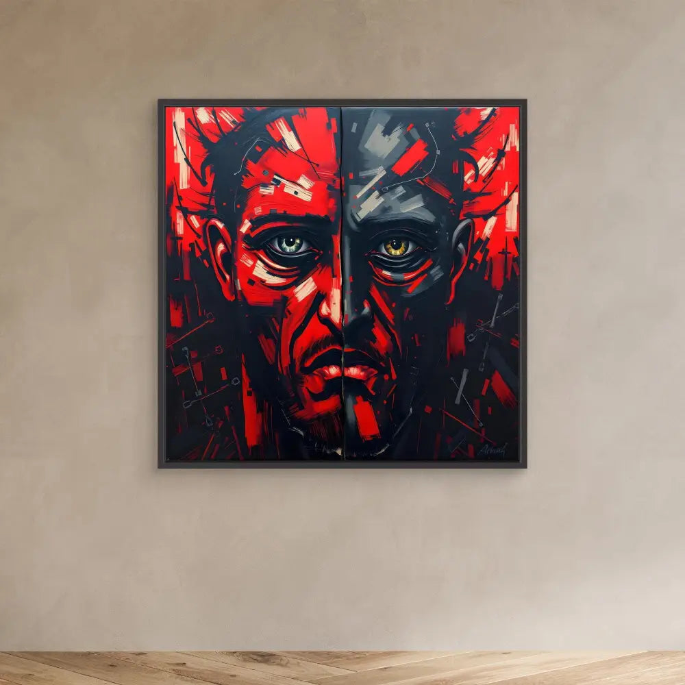 A dramatic red and black portrait painting with intense eyes and angular features in a dark frame.