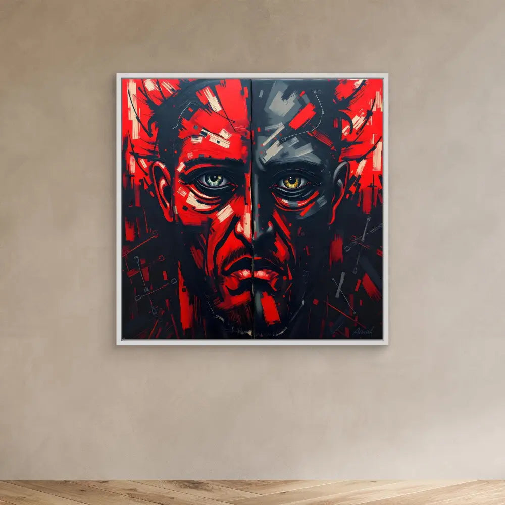 A dramatic red and black portrait painting featuring intense eyes and stark facial features.