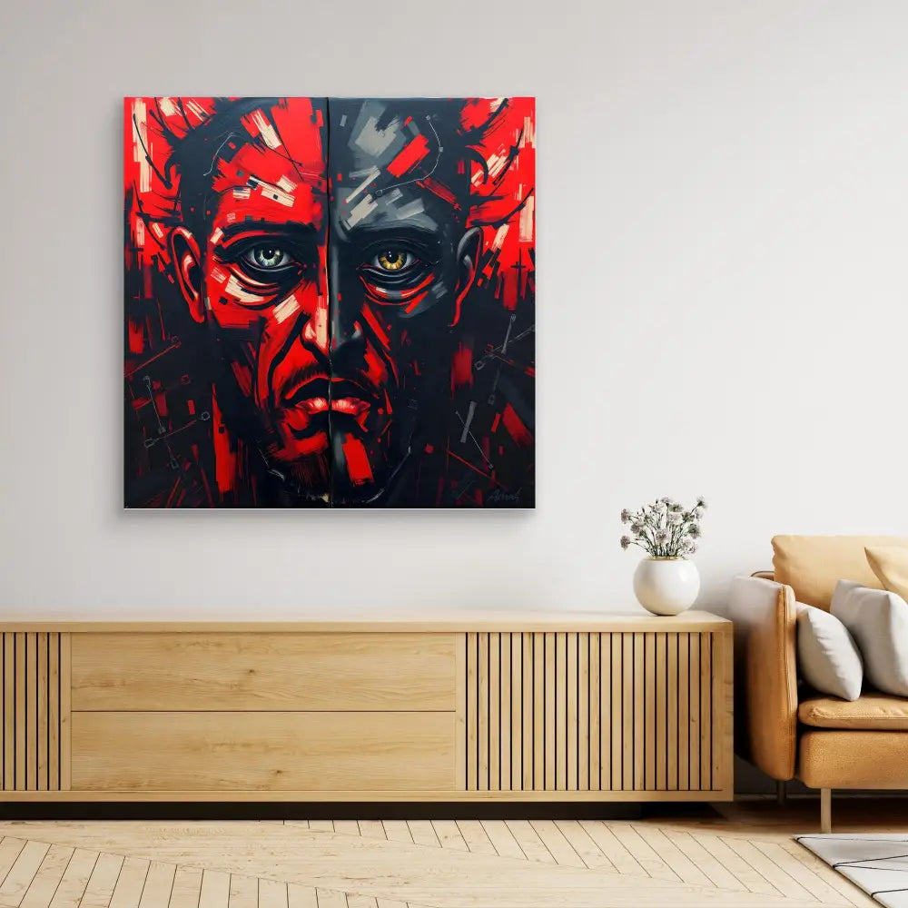 A dramatic red and black portrait painting with intense eyes and angular features.