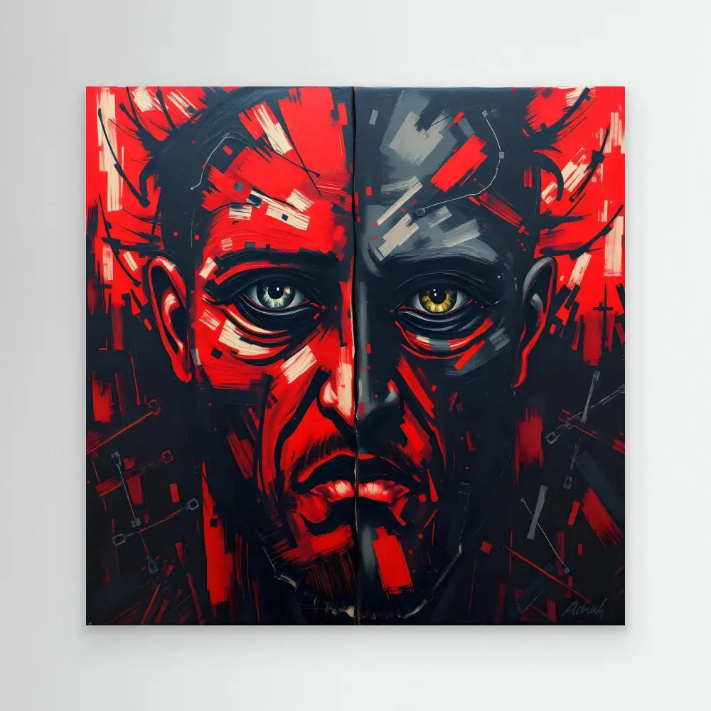 A dramatic red and black portrait painting featuring intense eyes and angular geometric shapes.