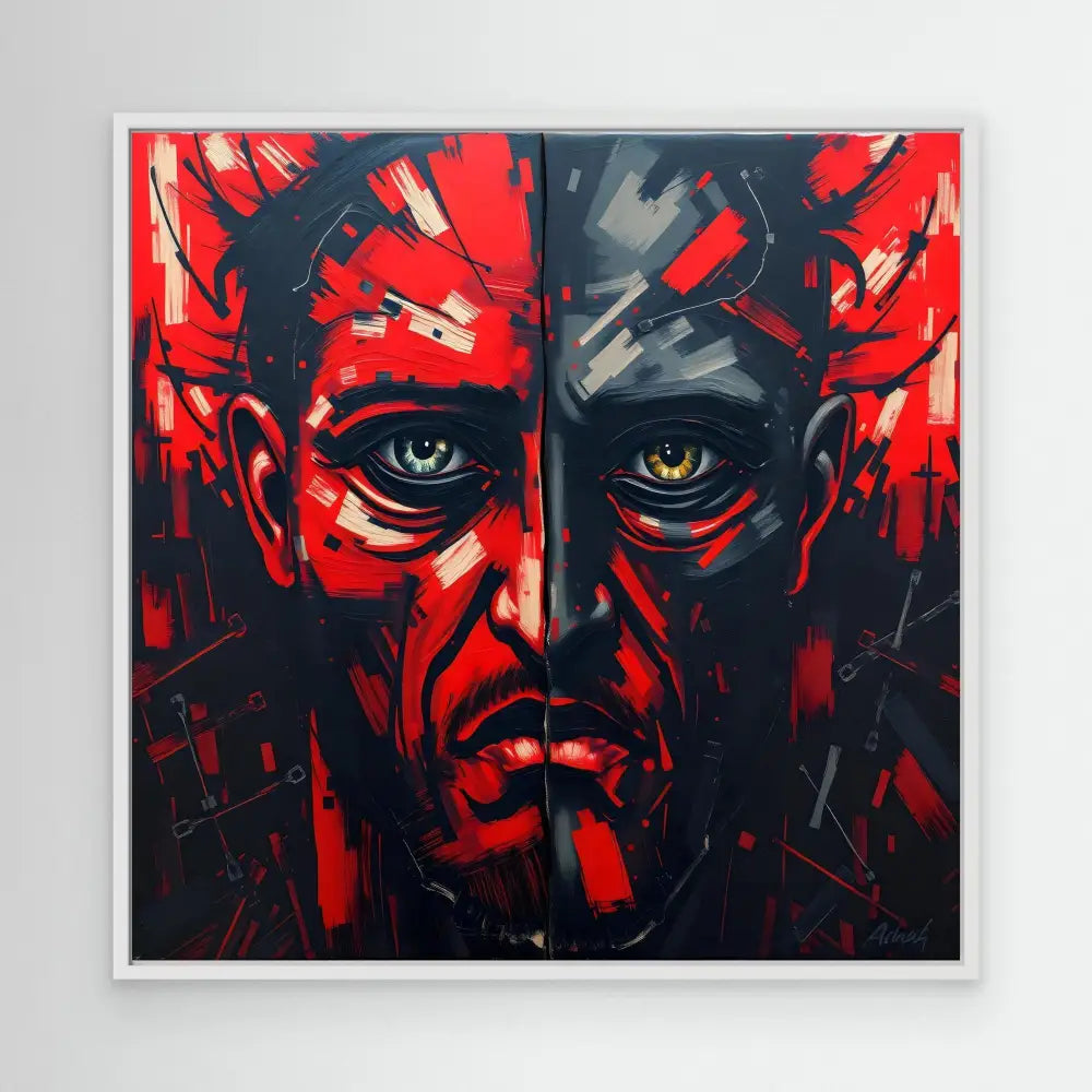 Dramatic red and black portrait painting with intense eyes and fragmented, angular style.