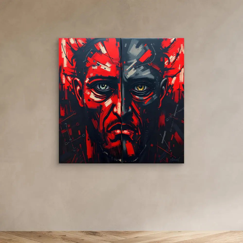 Dramatic red and black portrait painting with intense eyes and stark contrasts.