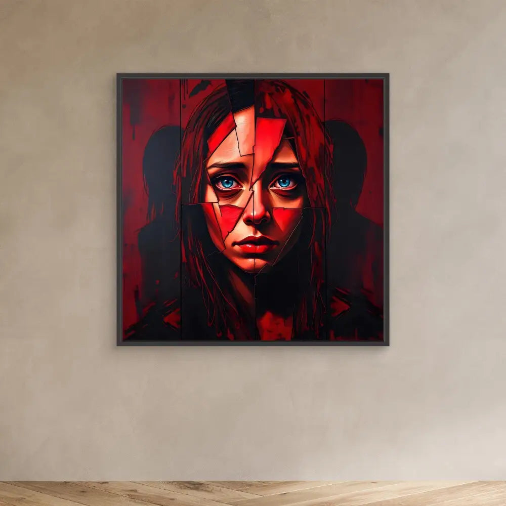 A dramatic red and black portrait painting with geometric patterns overlaid on the subject’s features.