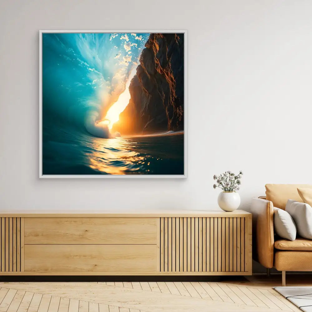 Dramatic seascape artwork showing sunlight piercing through coastal cliffs over shimmering water.