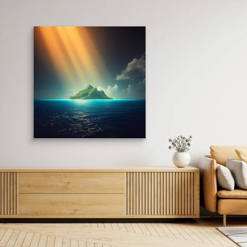 A dramatic seascape canvas print featuring a mountain island under glowing sunbeams.