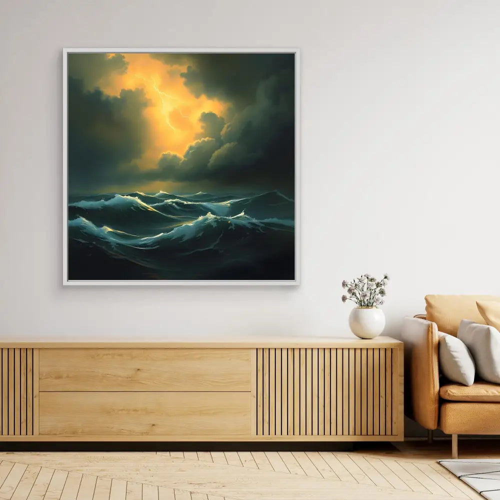 Dramatic seascape painting featuring stormy waves beneath golden clouds.