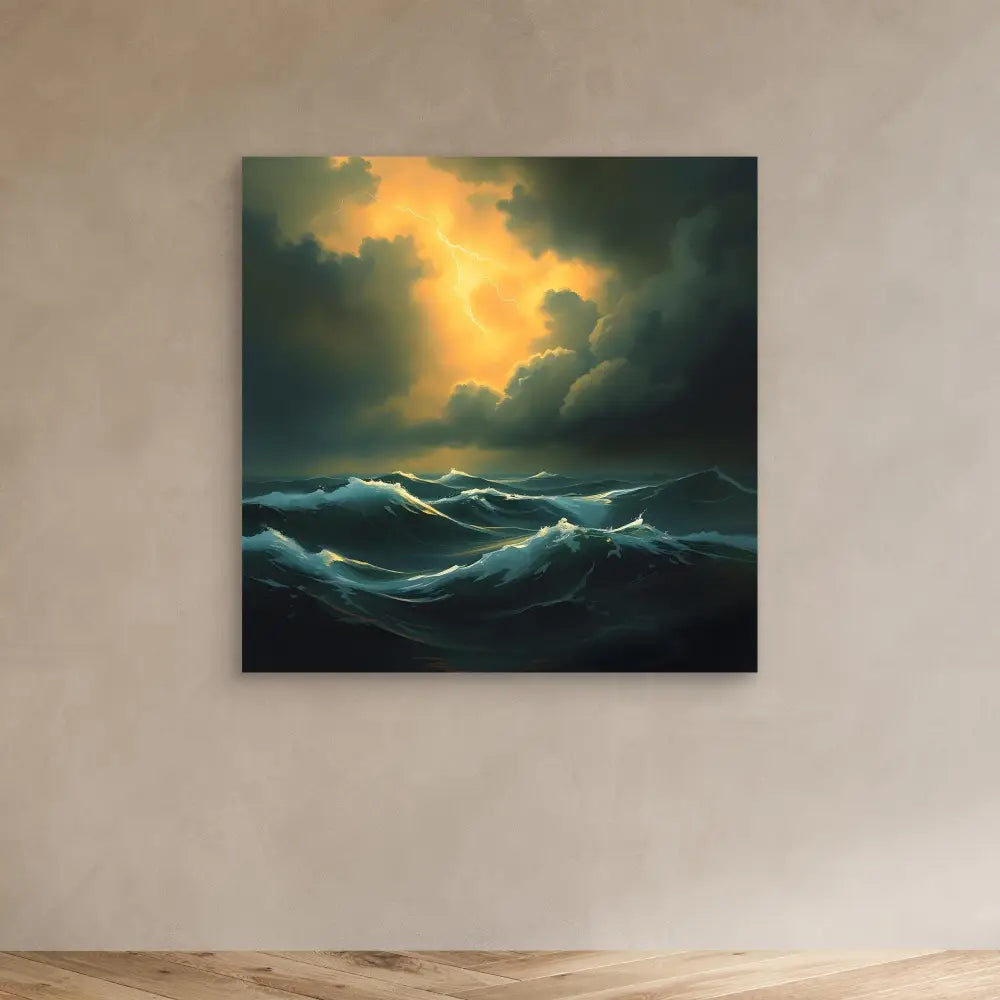 Dramatic seascape painting featuring stormy waves beneath golden-lit clouds.