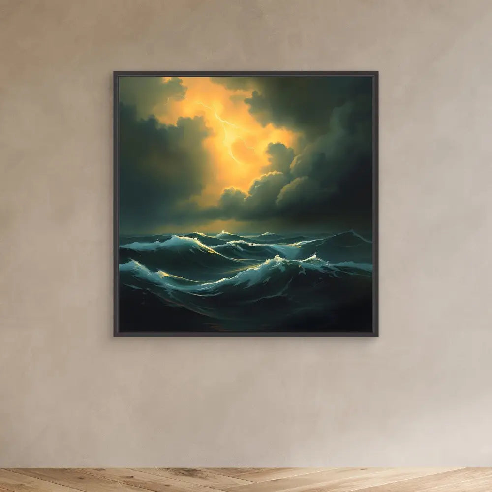 Dramatic seascape painting featuring stormy waves beneath golden clouds.