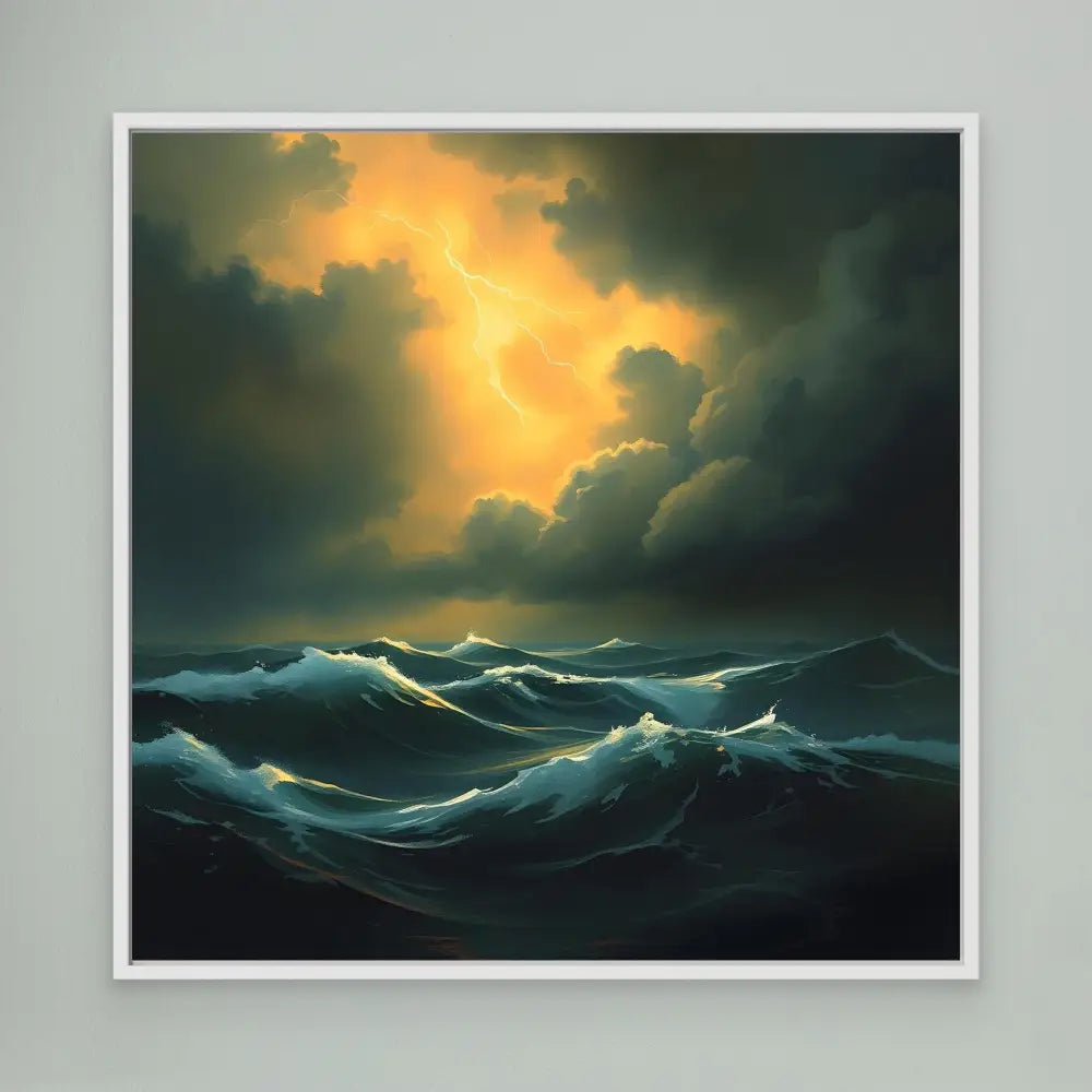 Dramatic seascape painting with stormy waves beneath golden clouds.