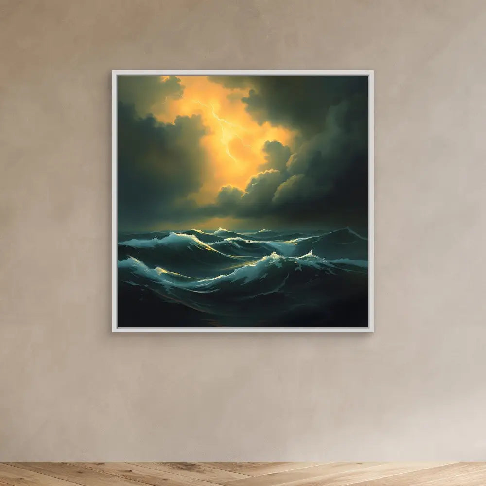 Dramatic seascape painting featuring stormy waves beneath golden clouds.