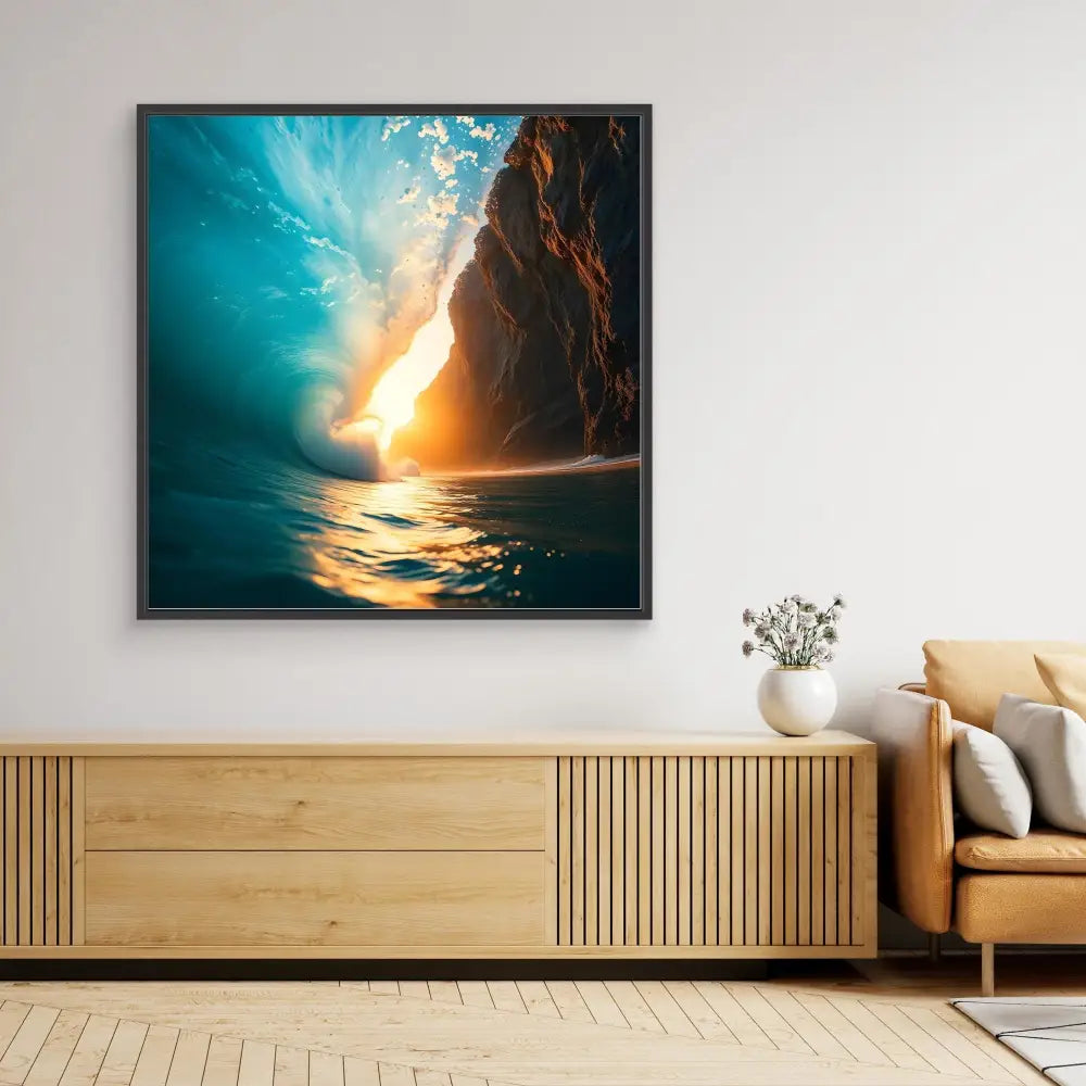 Dramatic seascape photograph showing sunlight piercing through coastal cliffs, framed in black.