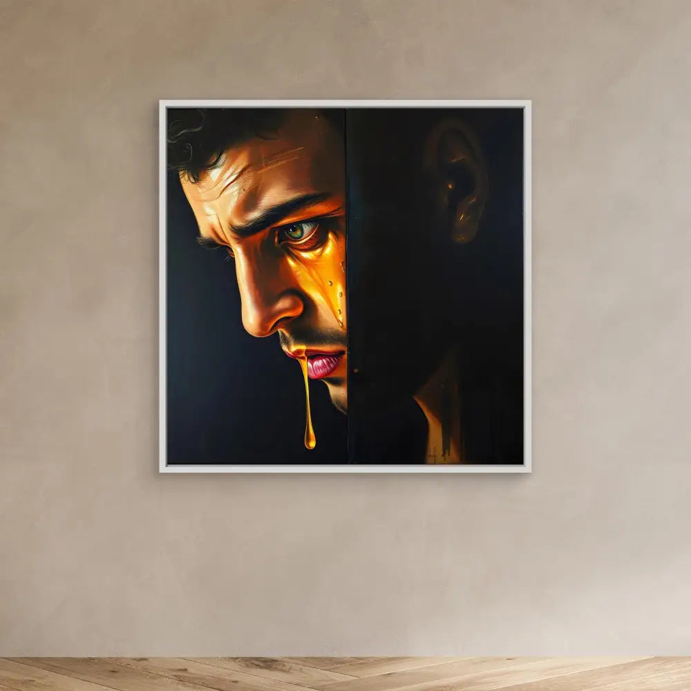 A dramatic side-profile portrait painting with strong shadows and golden lighting effects.