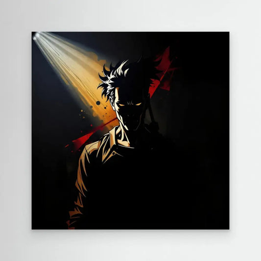 Dramatic silhouette of an anime character illuminated by a single beam of light.