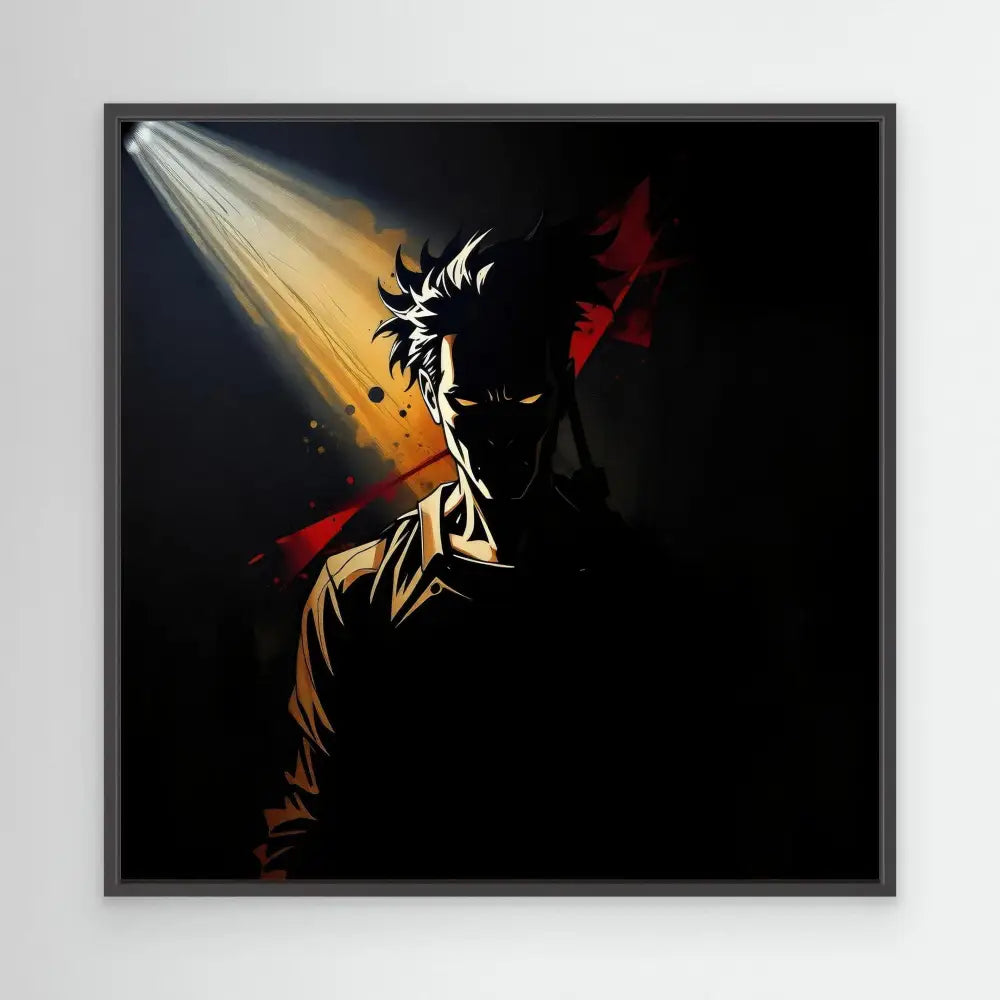 Dramatic silhouette of an anime character illuminated by a single beam of light with red accents.