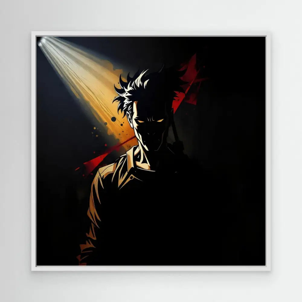 Dramatic silhouette of an anime character illuminated by a single beam of light.