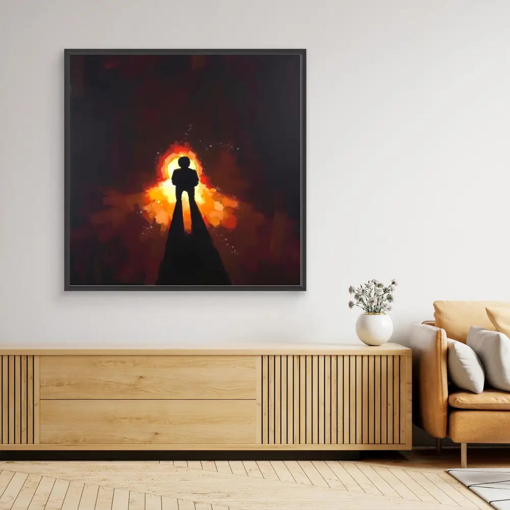 A dramatic silhouette artwork against a fiery orange glow mounted in a black frame.