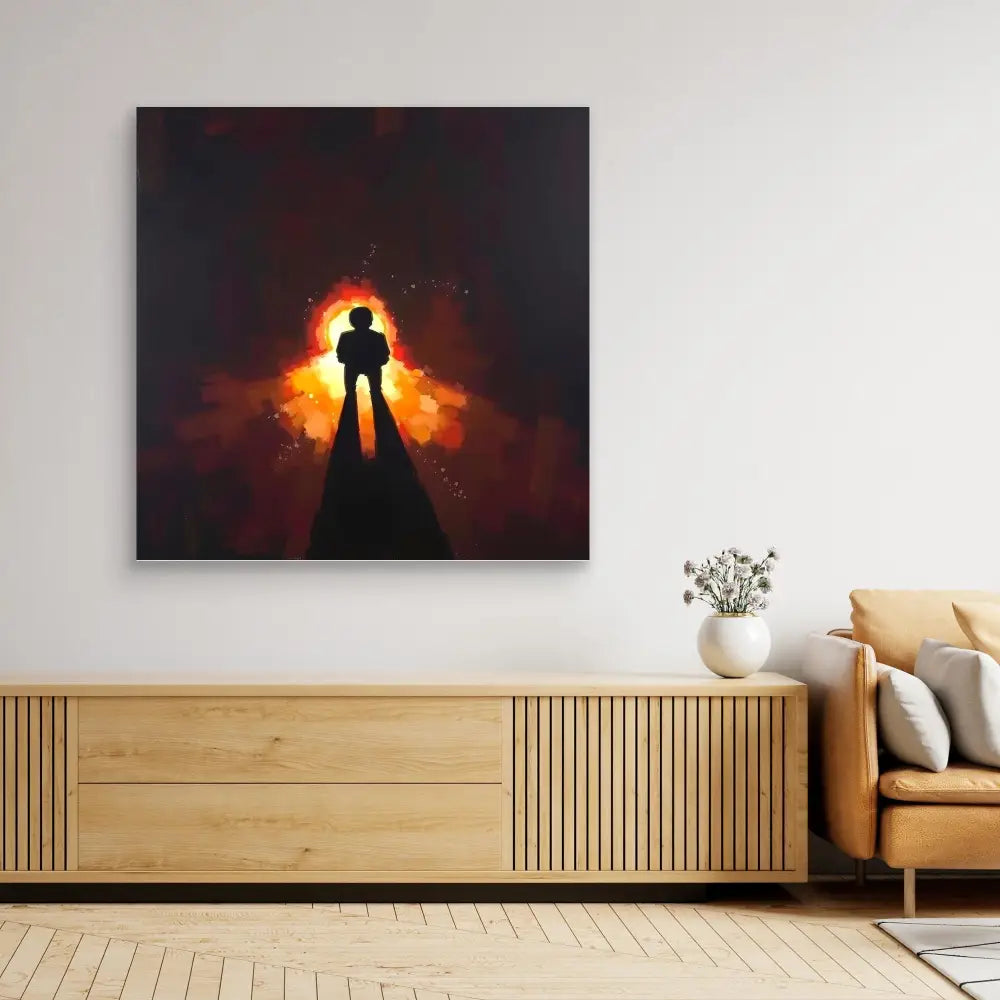 A dramatic silhouette of a figure standing against a glowing orange light source.