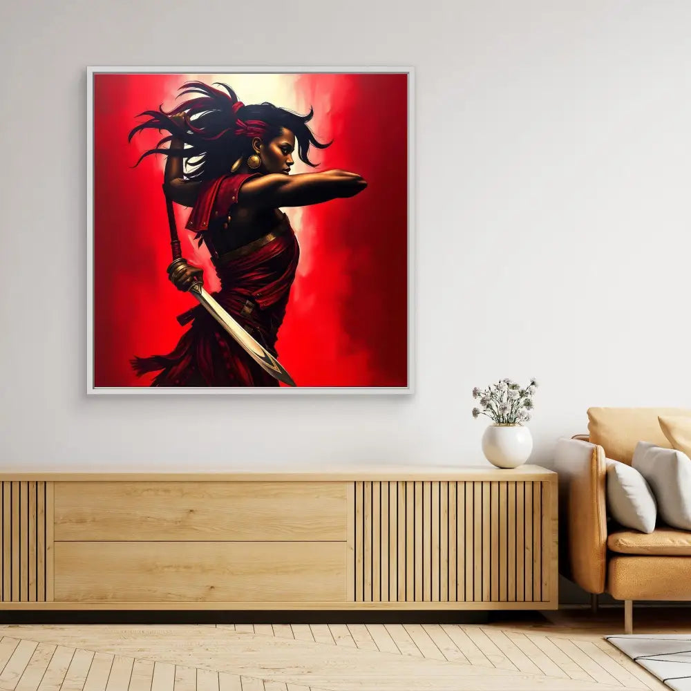 Dramatic silhouetted figure in a dynamic pose against a red backdrop.