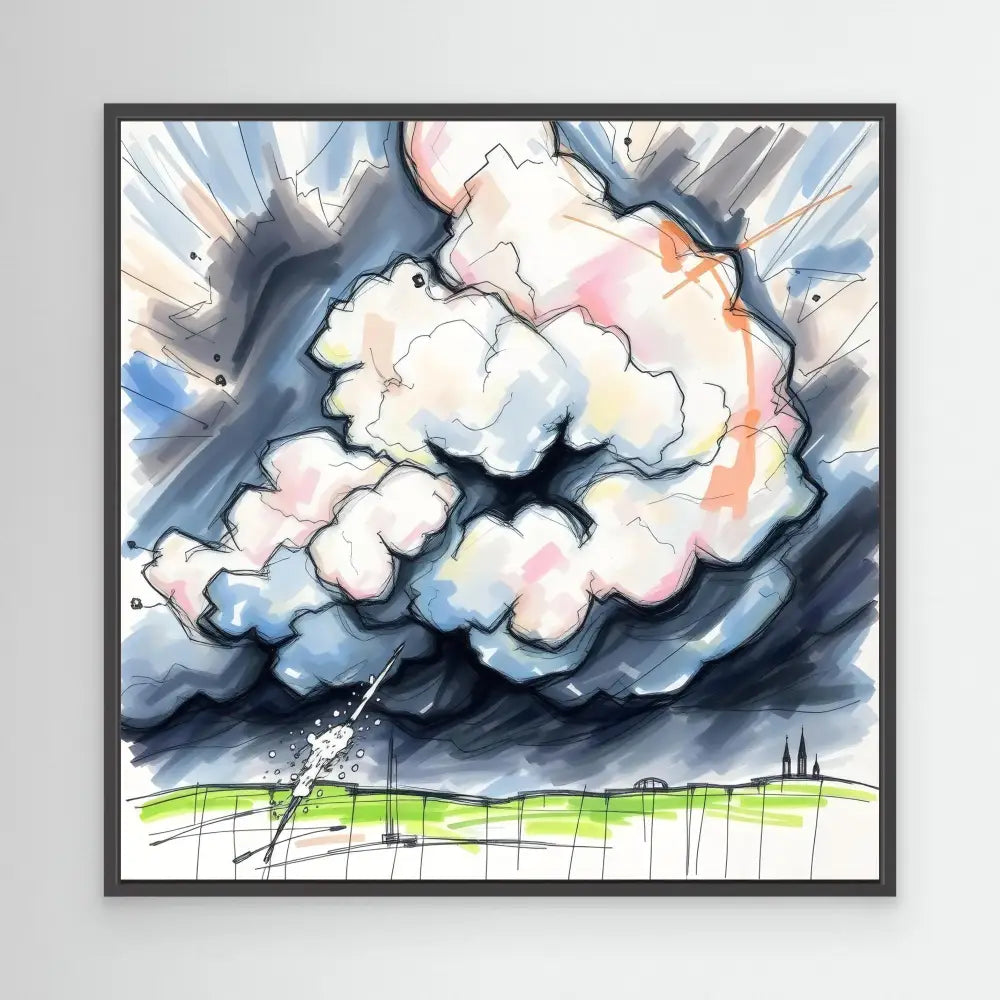 Dramatic storm cloud painted in watercolor with soft pink and blue tones.