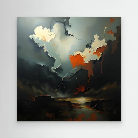 Dramatic storm clouds with orange and dark gray hues swirling above a moody landscape.