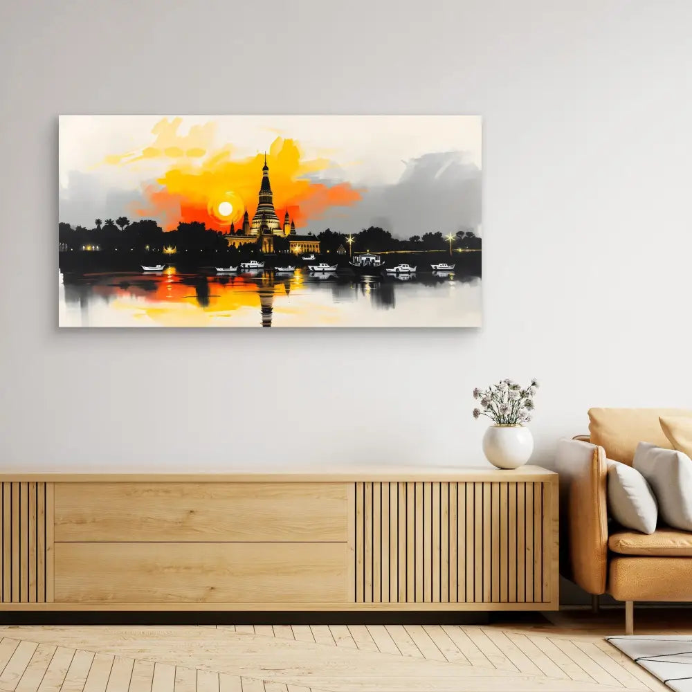 A dramatic watercolor painting of a temple silhouetted against an orange sunset sky with reflections on water.