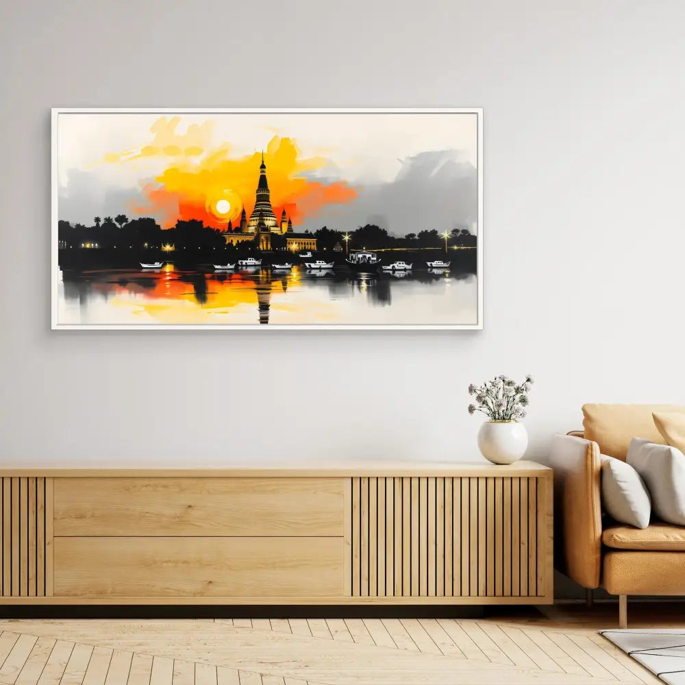 A dramatic watercolor painting of a temple silhouetted against an orange sunset sky with water reflections.